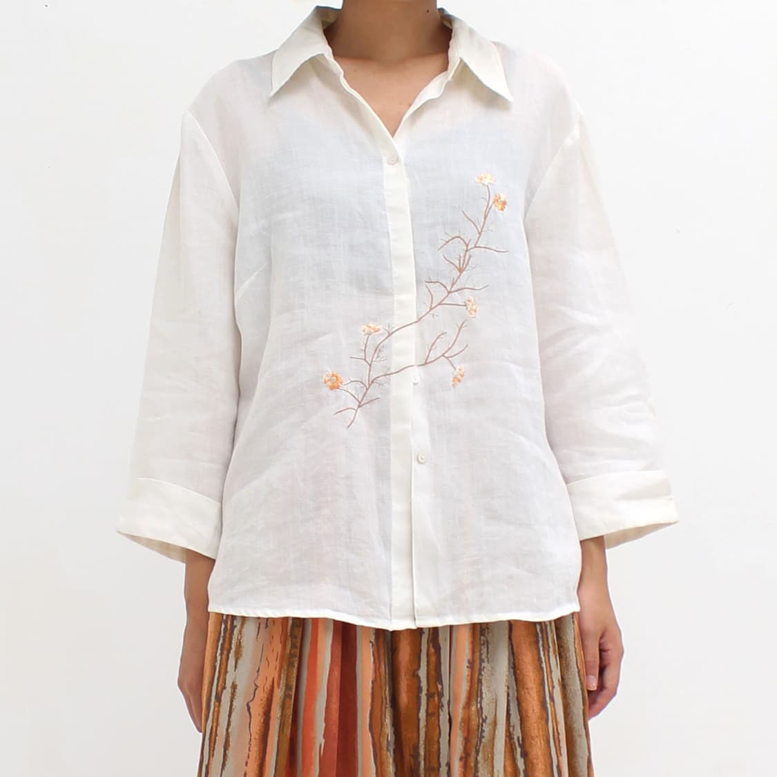 유럽 빈티지 라미 모시 플라워 자수 여름 화이트 셔츠 블라우스 상품이미지7