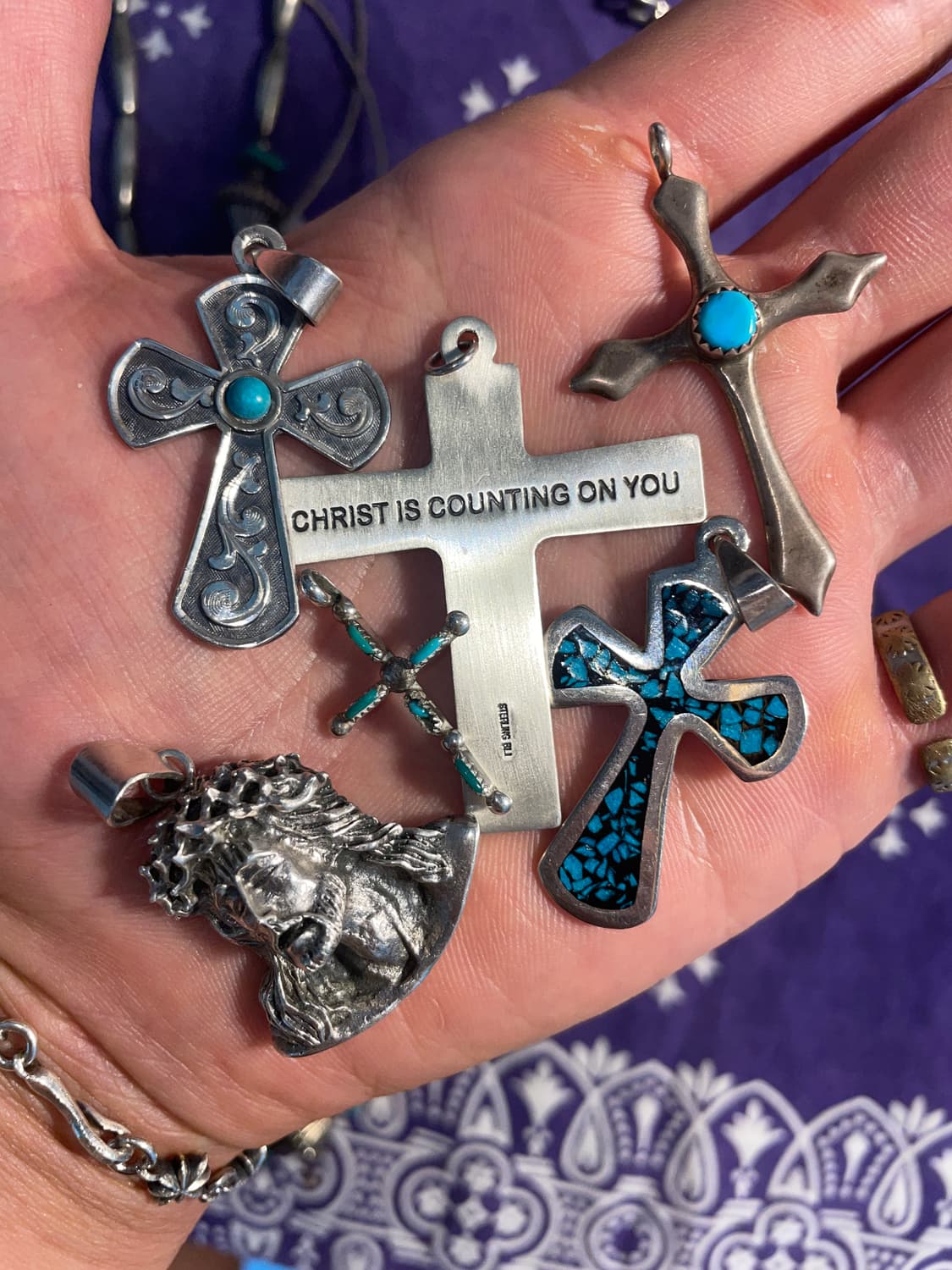 Sterling Turquoise Floral Cross Pendant 상품이미지7