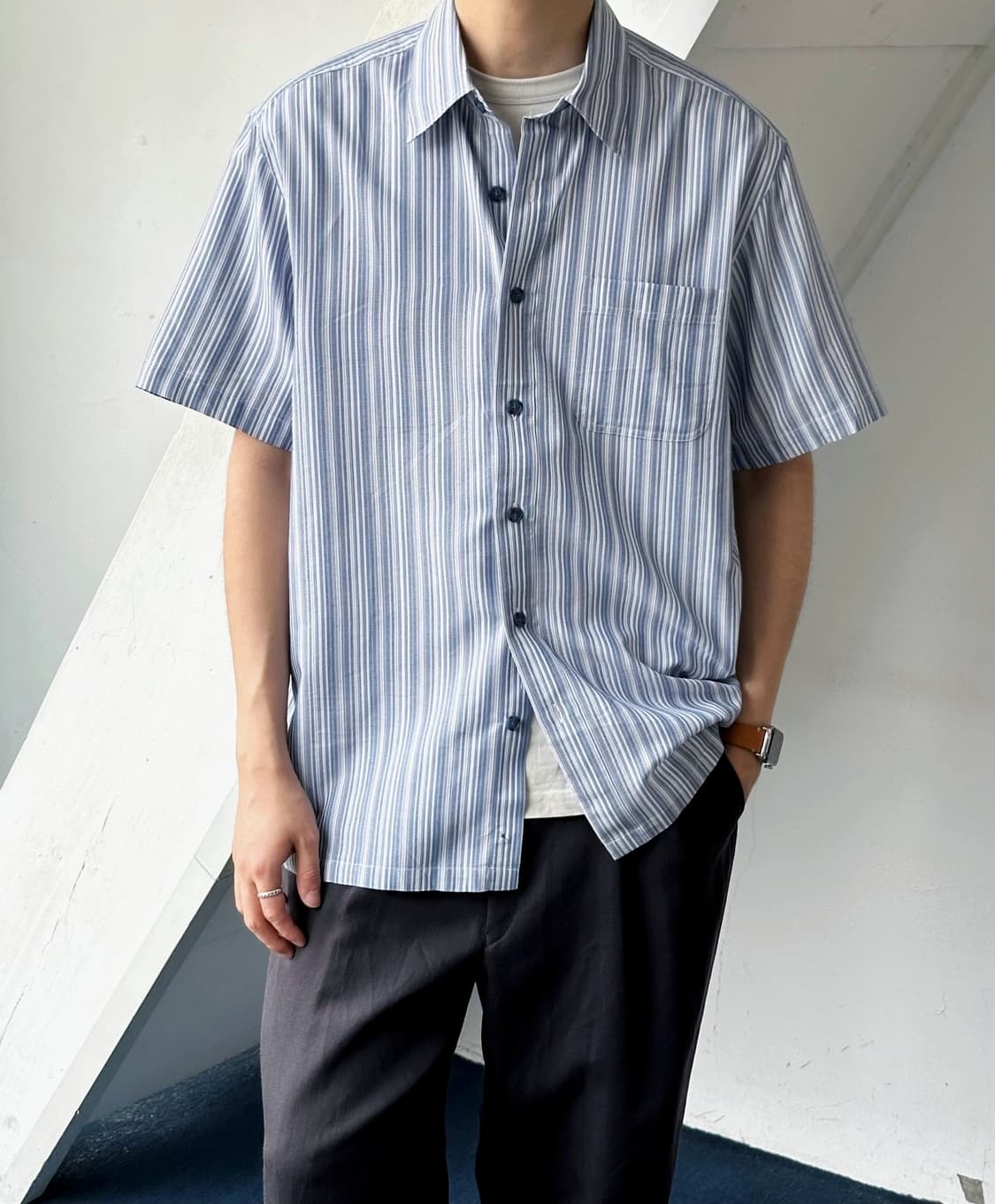 High count multi stripe woven H/S shirt 상품이미지8