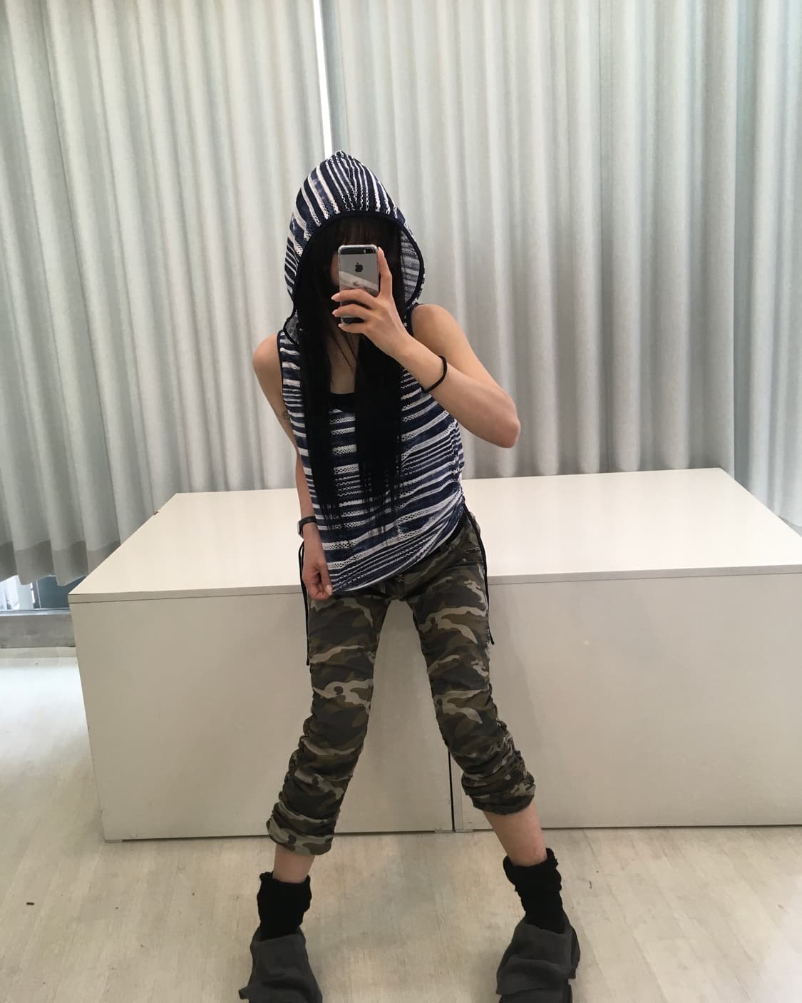 빈티지 스트라이프 셔링 후드 슬리브리스 상품이미지4