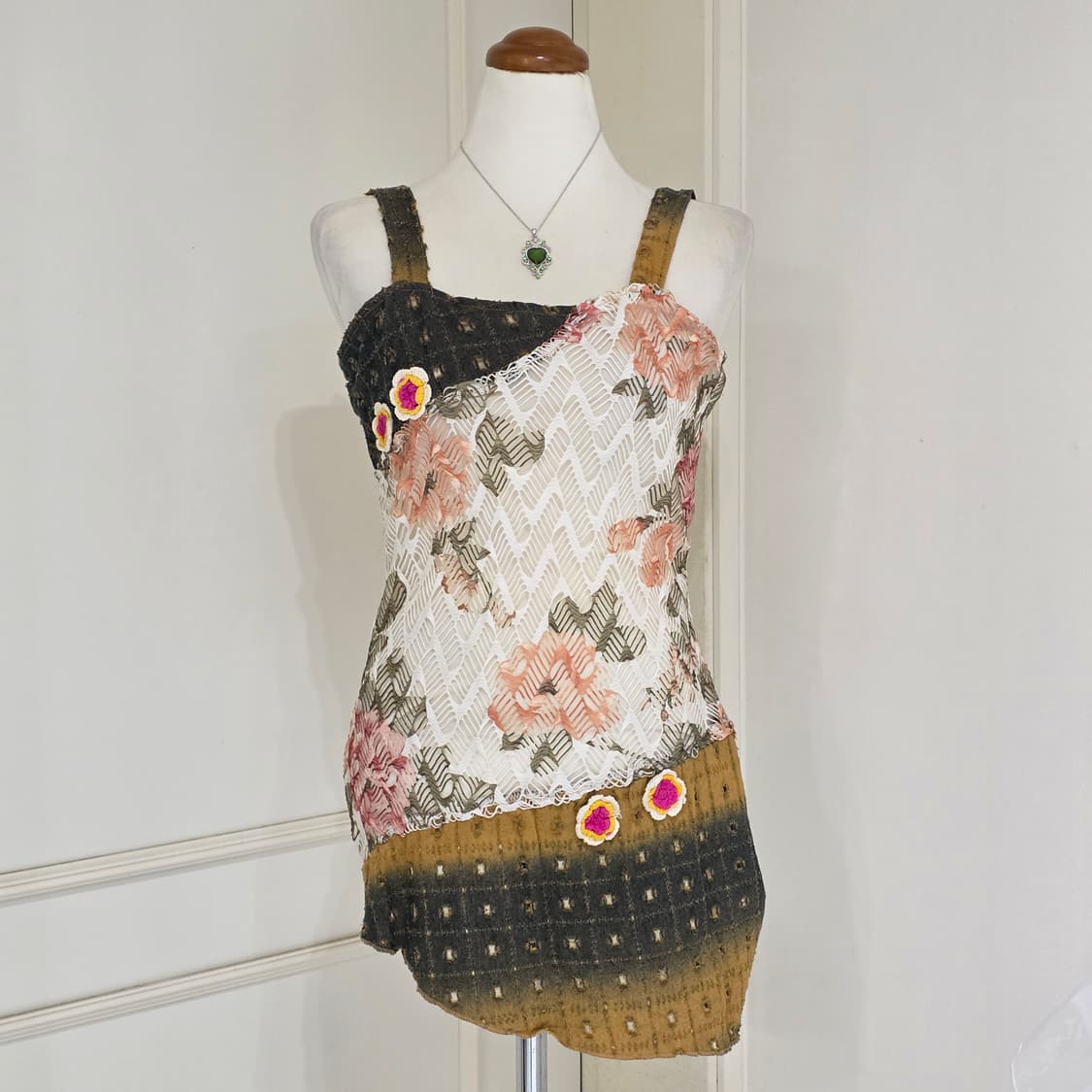 일본빈티지)패치워크st 하구미모리걸 플로럴 보헤미안 레이스 언발슬리브리스 상품이미지1