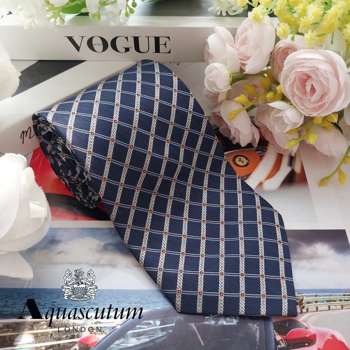 아쿠아스큐텀 실크 네이비 체크 패턴 넥타이 9.3cm A등급 K2342 상품이미지2