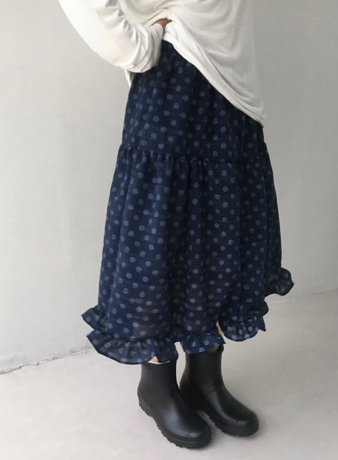 도트 땡땡이 프릴 미디 스커트 레이어드 빈티지 네이비 상품이미지2