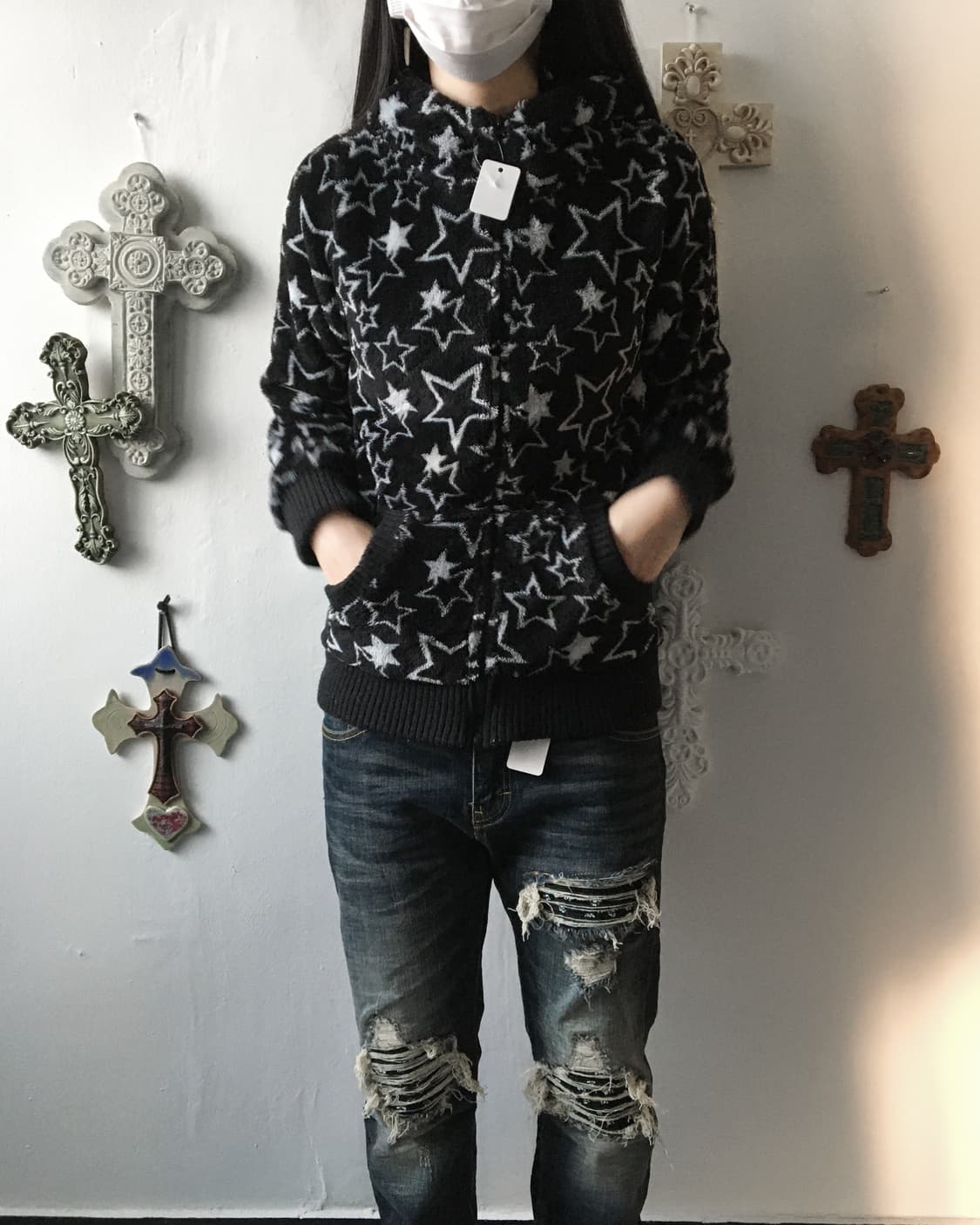 Star pattern fleece hood zip up 상품이미지1