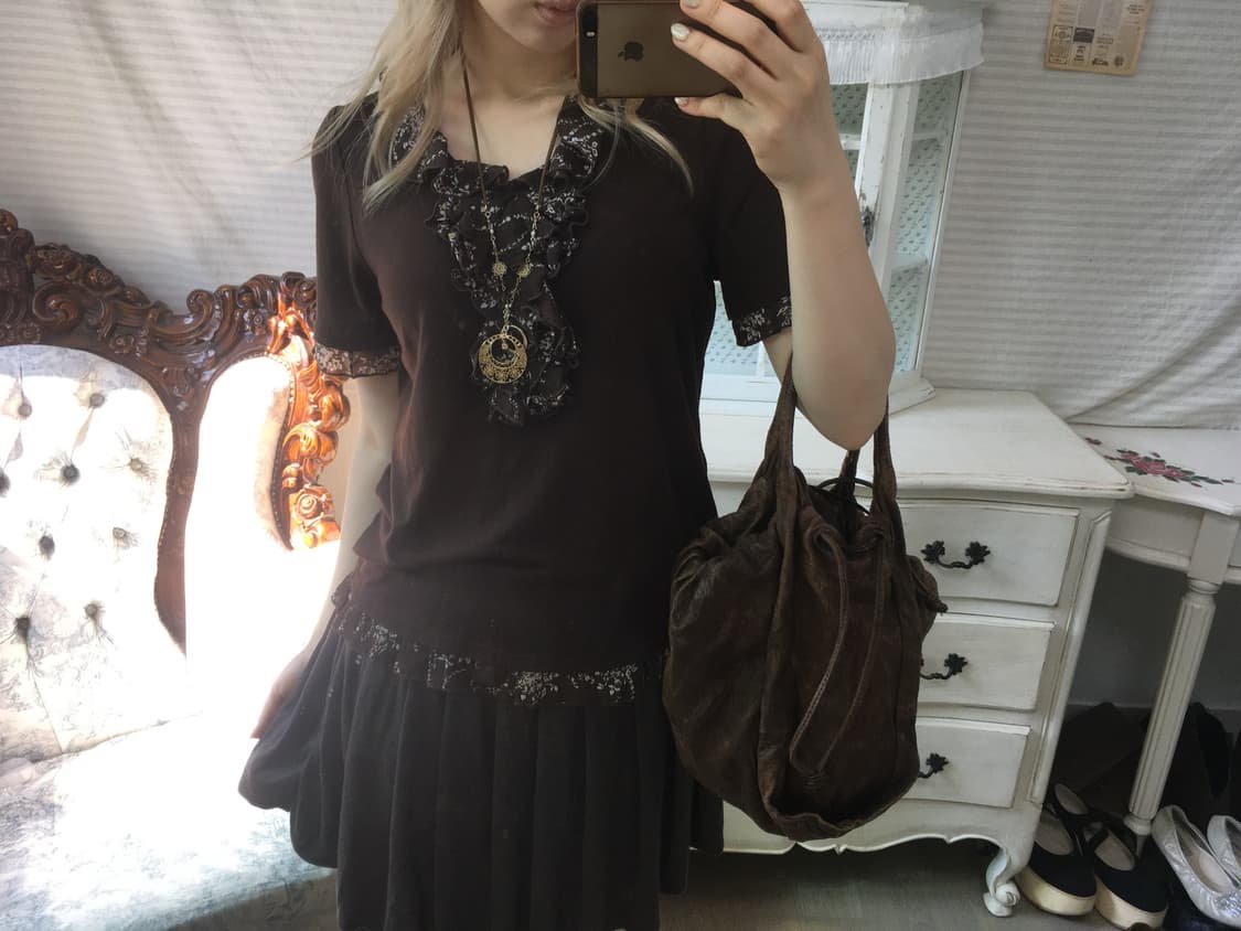jpn vintage brown shirring frill blouse  상품이미지3