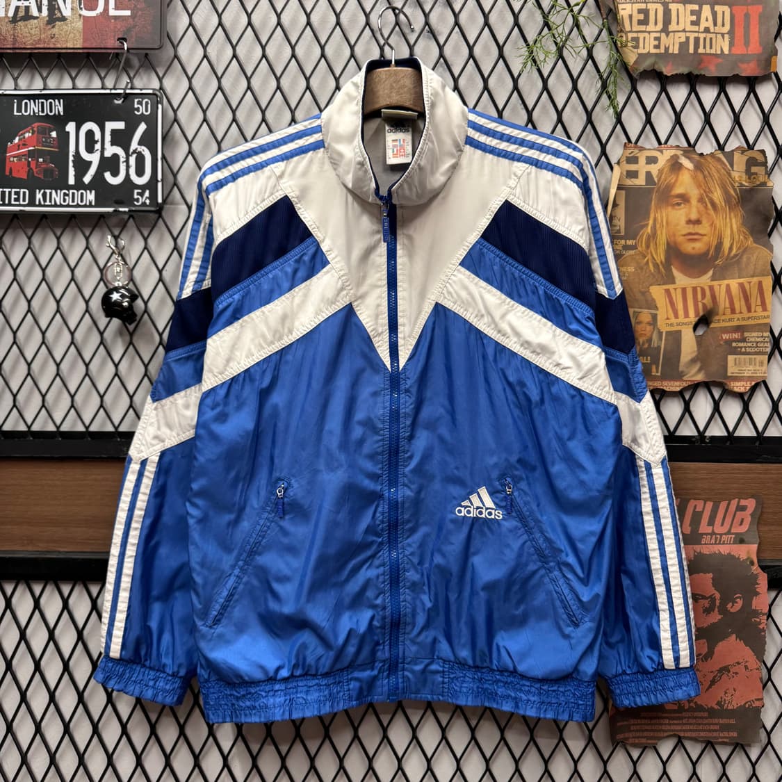 90s 아디다스 올드스쿨 바람막이 전면 하단 로고 포인트 블루 화이트 상품이미지1