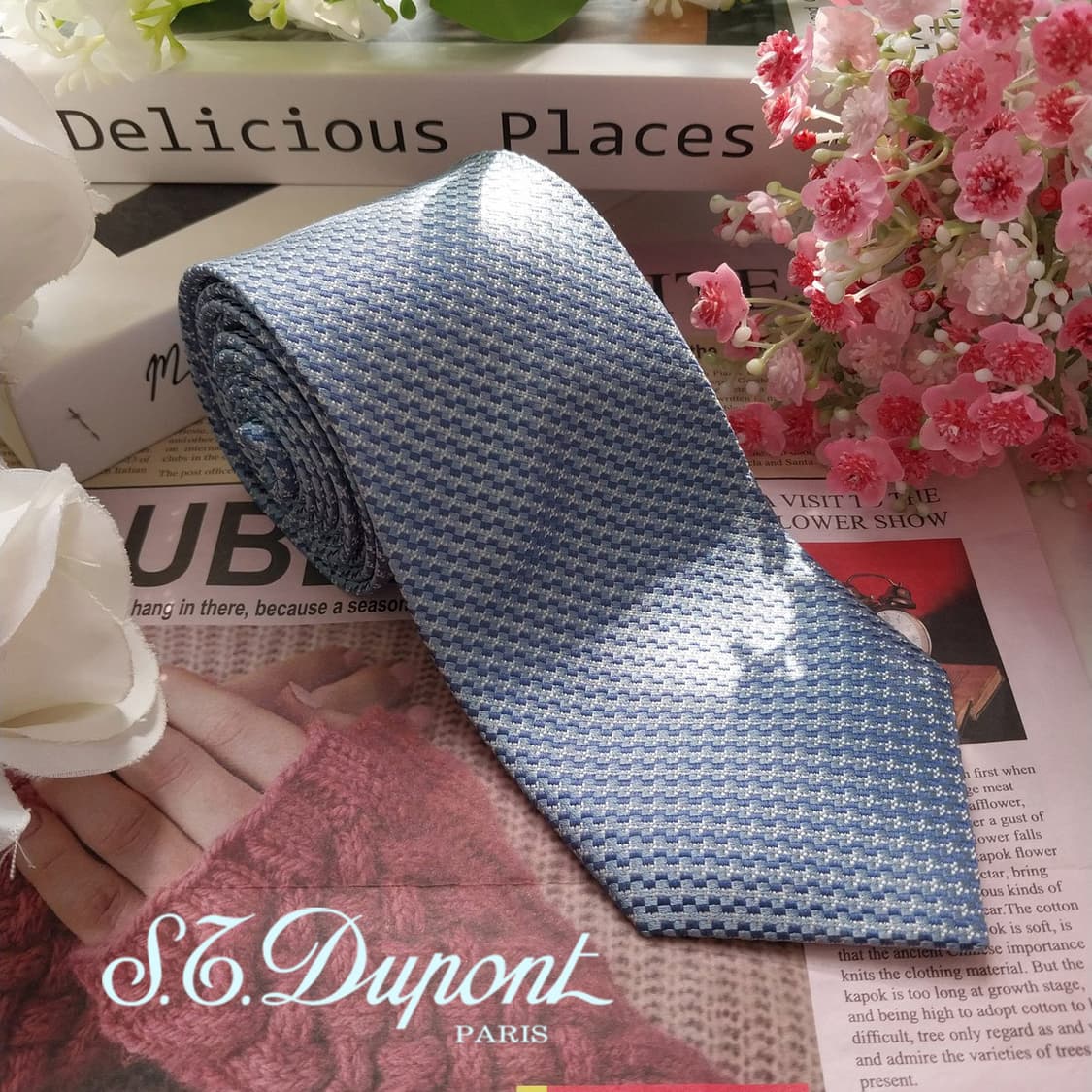 에스.티. 듀퐁 실크 블루 패턴 넥타이 8cm A등급 K2321 상품이미지2