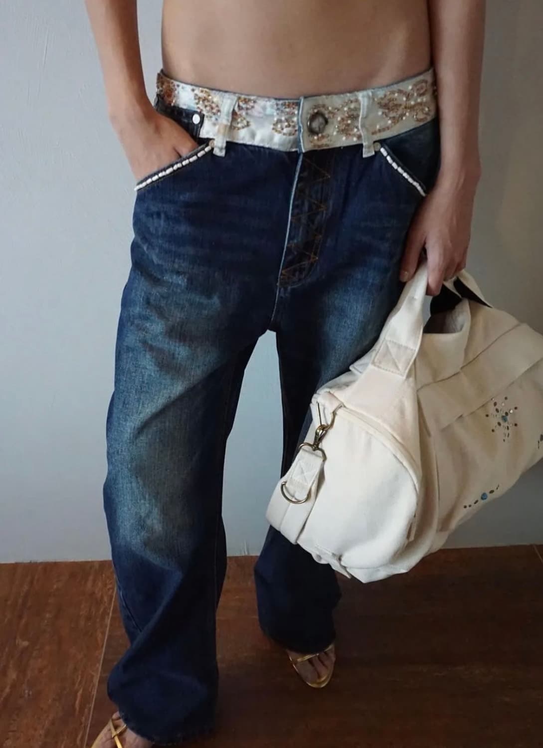 [s] 스컬프터 beaded waist denim pants indigo 상품이미지1