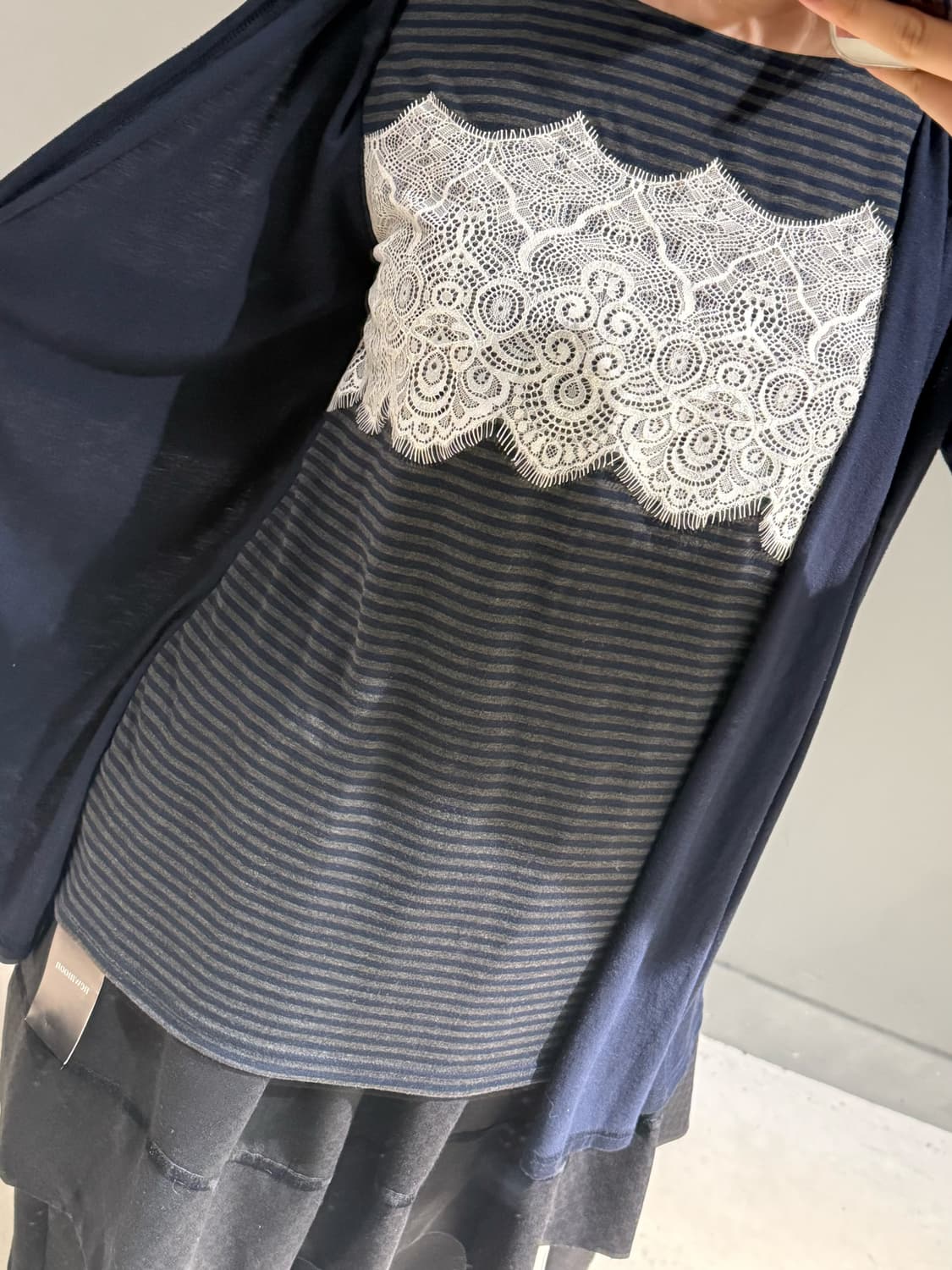 stripe top layered detail hood cardigan 상품이미지3