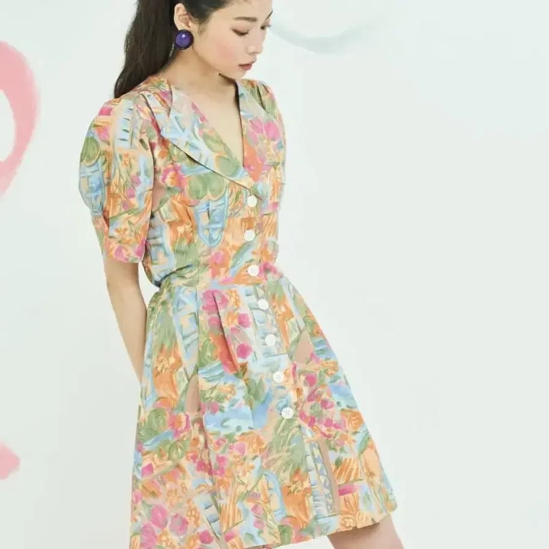 미드나잇서커스 린넨 빈티지 플라워 드로잉 카라 퍼프 원피스 F 기은세 상품이미지2