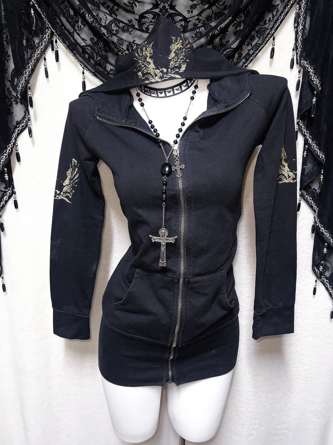 오네갸루 고스펑크 y2k 00 그런지 핀터 날개 윙 프린팅 후드집업원피스 상품이미지2