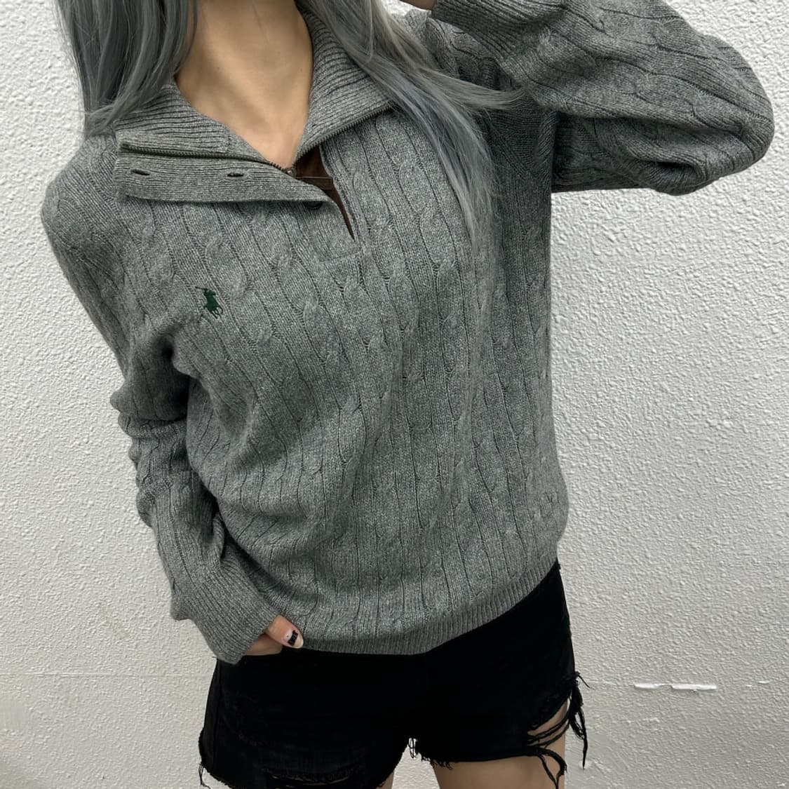 폴로 랄프로렌 딥그린포니 그레이 꽈배기 버튼 니트 S 상품이미지2