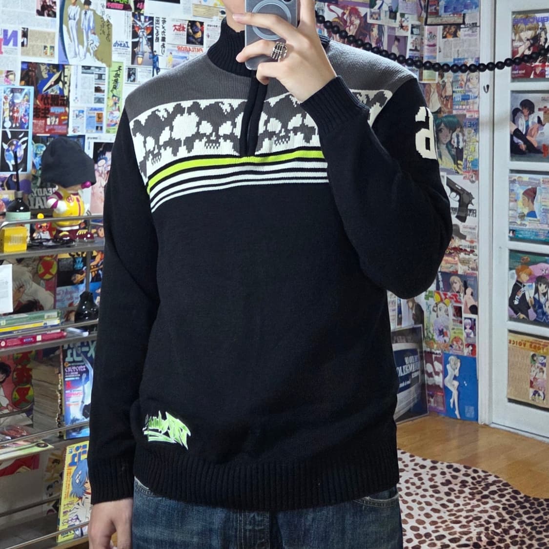 빈티지 펑크 해골 패턴 반집업 니트 상품이미지1