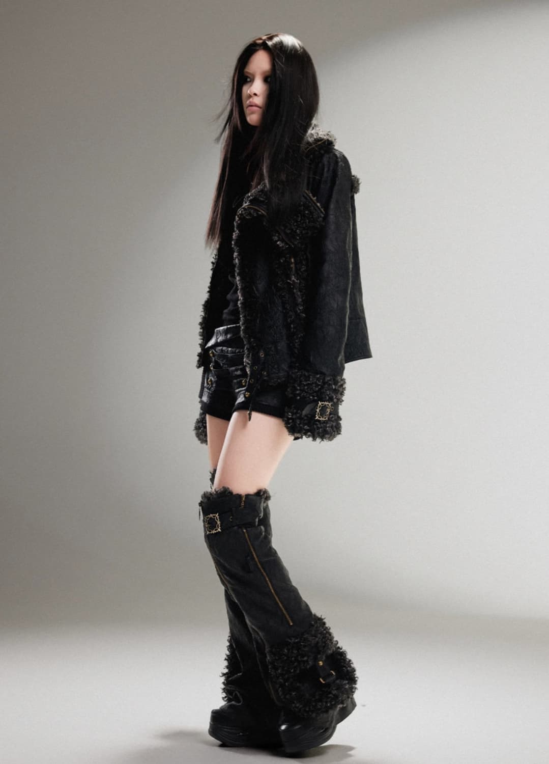 ARIADNAw 자켓 더블 지퍼 헤비듀티 벨벳 퍼 스트레이트 가죽 자켓  상품이미지2