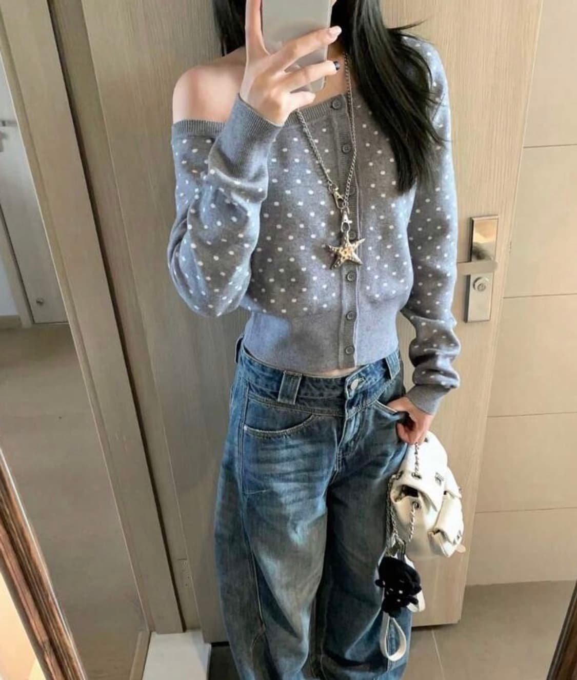 쉬인 원숄더 도트 가디건 상품이미지2