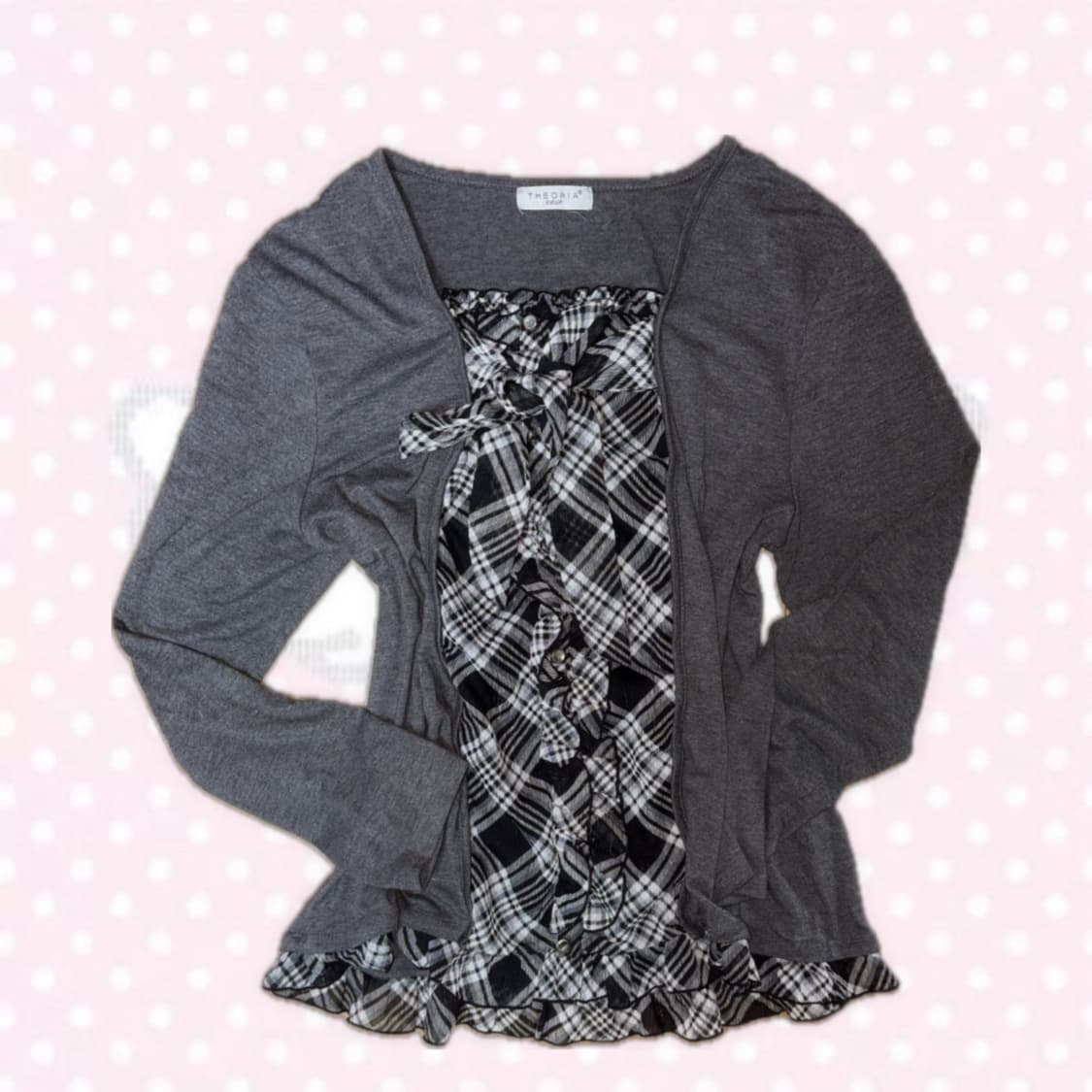 모리걸 히메갸루 그레이 체크패턴 리본 끈 블라우스 탑 상의 상품이미지1