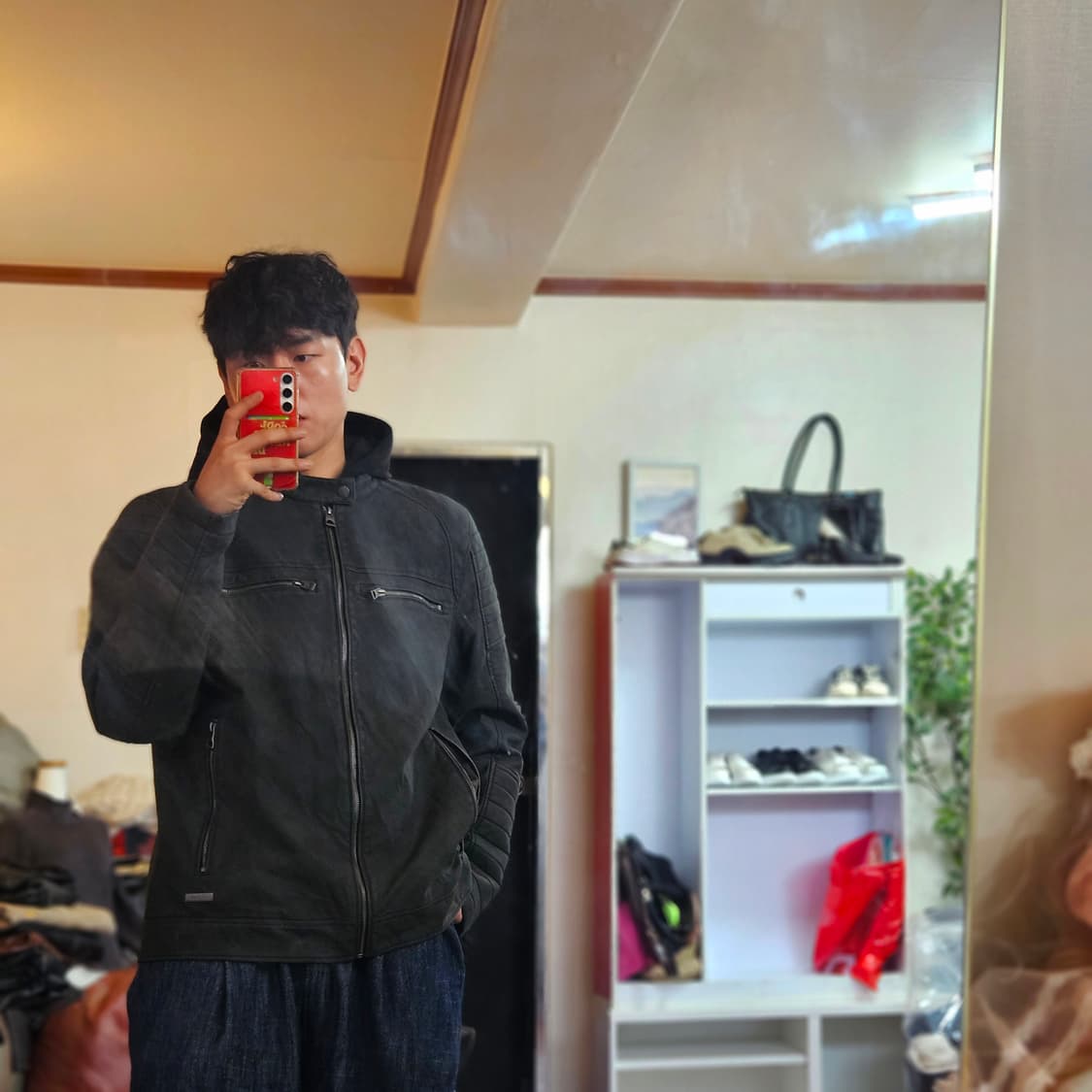 게스(GUESS) 다니엘블랙 PU 후디 차콜 바이커 자켓 L size 상품이미지2