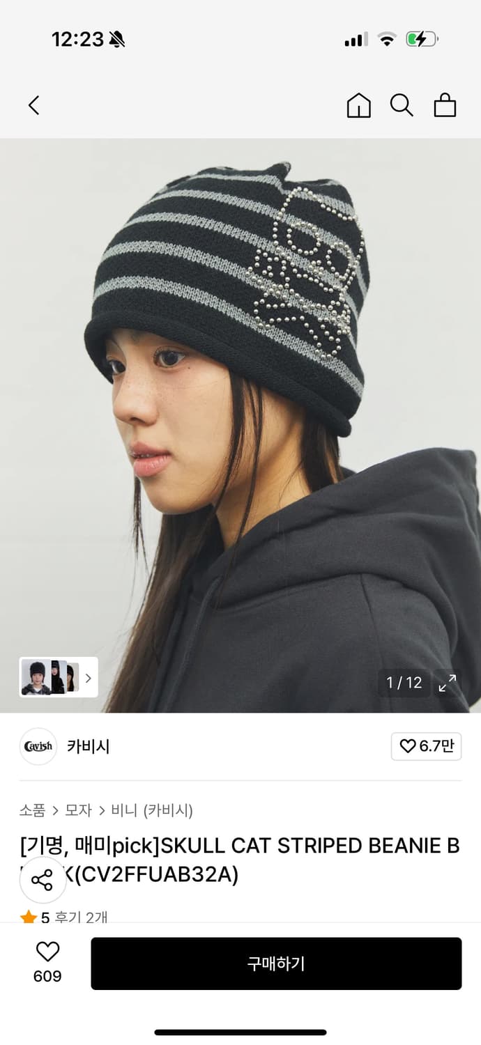 카비시 SKULL CAT STRIPED BEANIE BLACK 상품이미지1