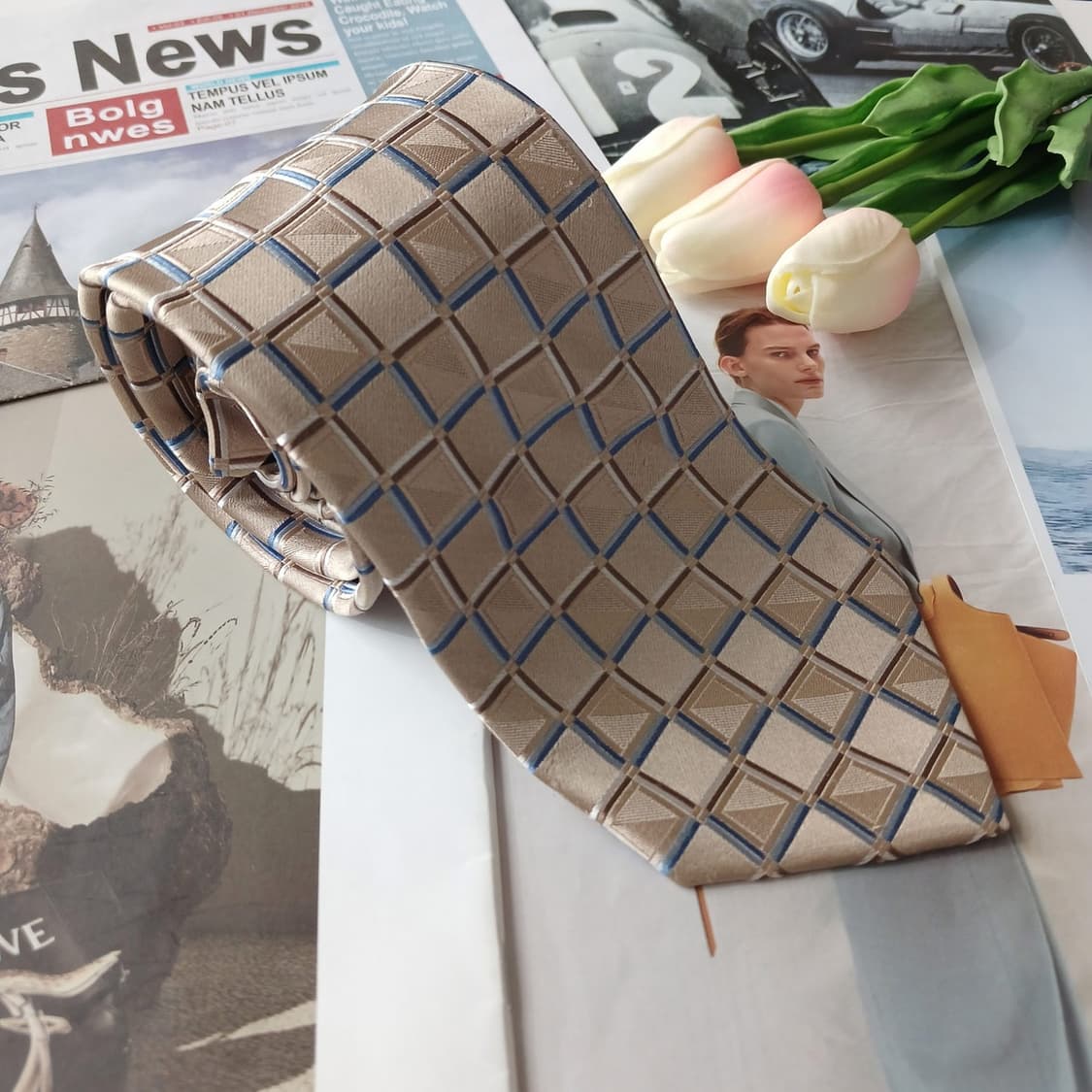 마이클코어스 실크 골드베이지 체크 넥타이 9.1cm A+등급 A18819 상품이미지3