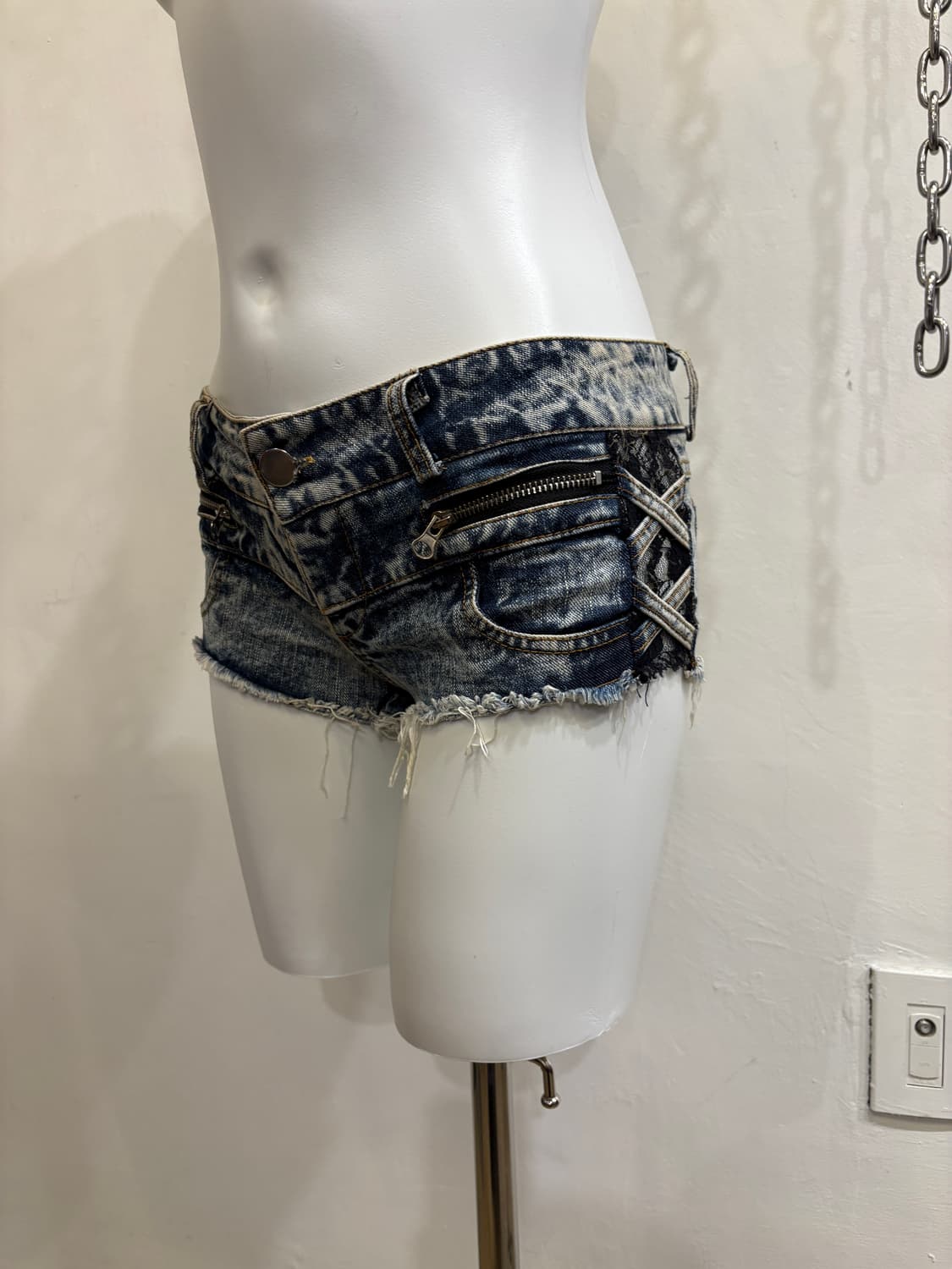 사이드 시스루 레이스 그런지 데님 숏팬츠 갸루 상품이미지2