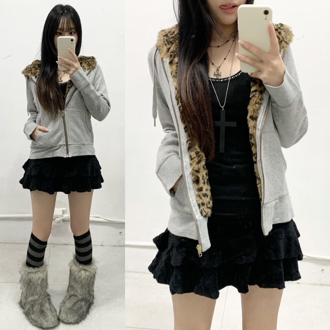 [LEPSIM] 갸루 레오파드 호피 퍼 후드집업 상품이미지1