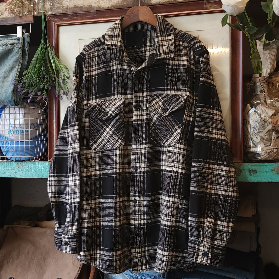 90s 아메리칸 빈티지 체크셔츠 헤비 플란넬 워크셔츠 블랙앤화이트 xl 상품이미지2