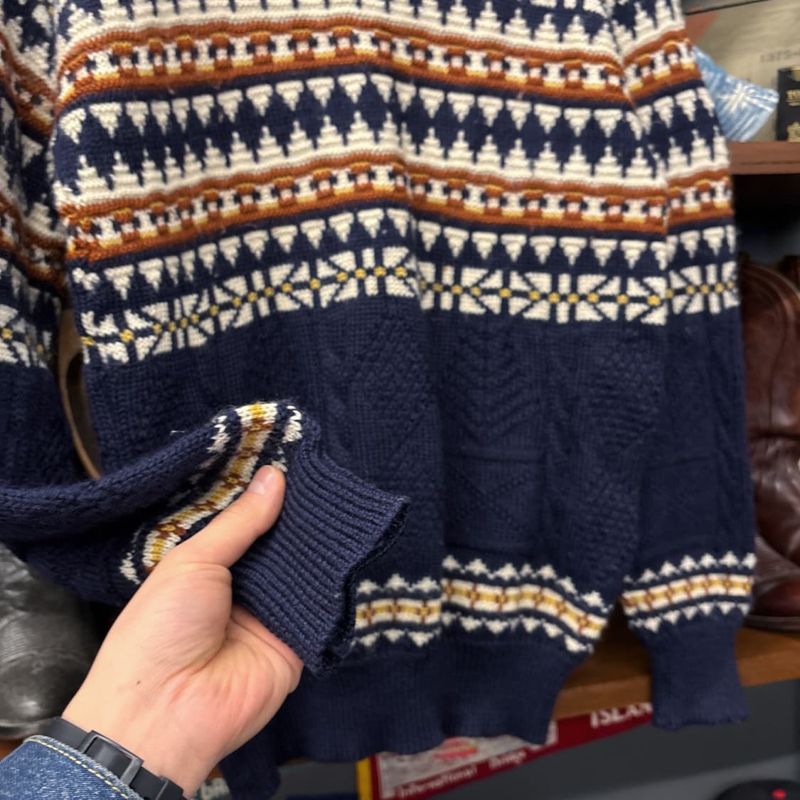 90s JPN 클래식 케이블 노르딕 음각패턴 믹스 울 스웨터 N164 상품이미지4