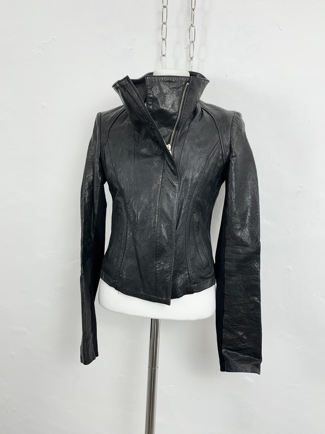 Asymmetric High-Neck Lambskin Jacket 상품이미지2