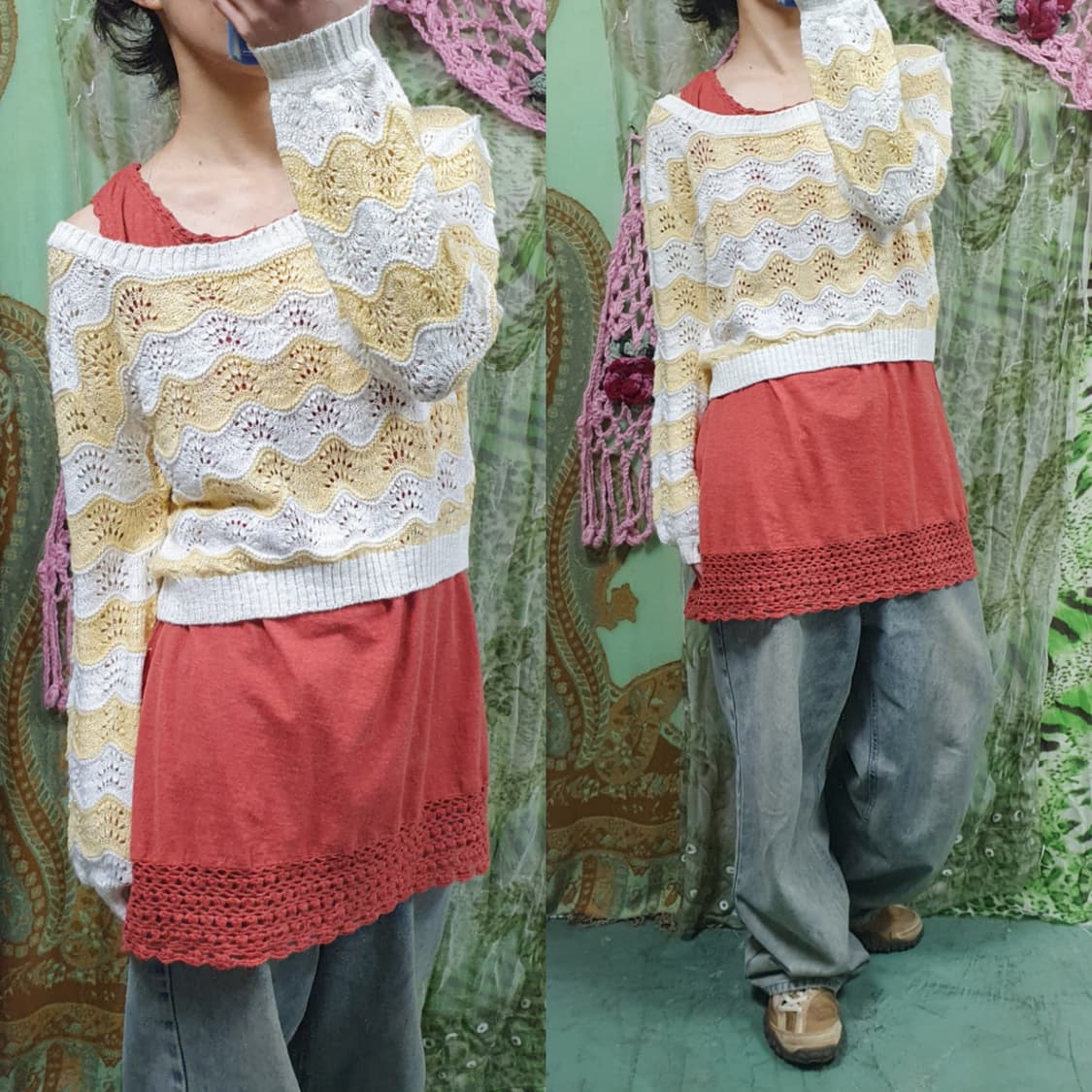 넓은 넥 물결 스트라이프 숏 니트 레몬 옐로 상품이미지1