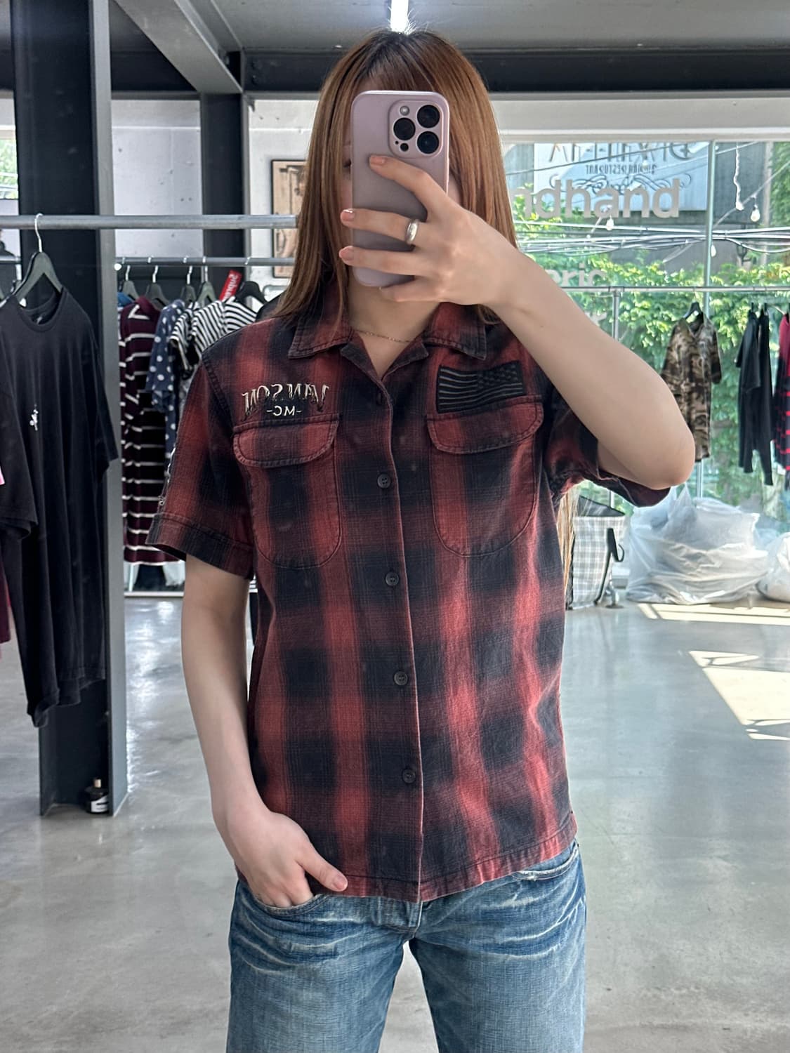 벤슨 성조기 스컬윙 모토클럽 체크 반팔셔츠 상품이미지3