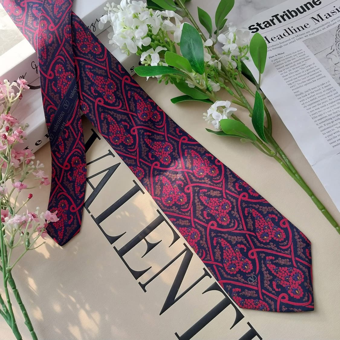 발렌티노 실크 네이비&레드 페이즐리 패턴 넥타이 9cm A등급 K1702 상품이미지3