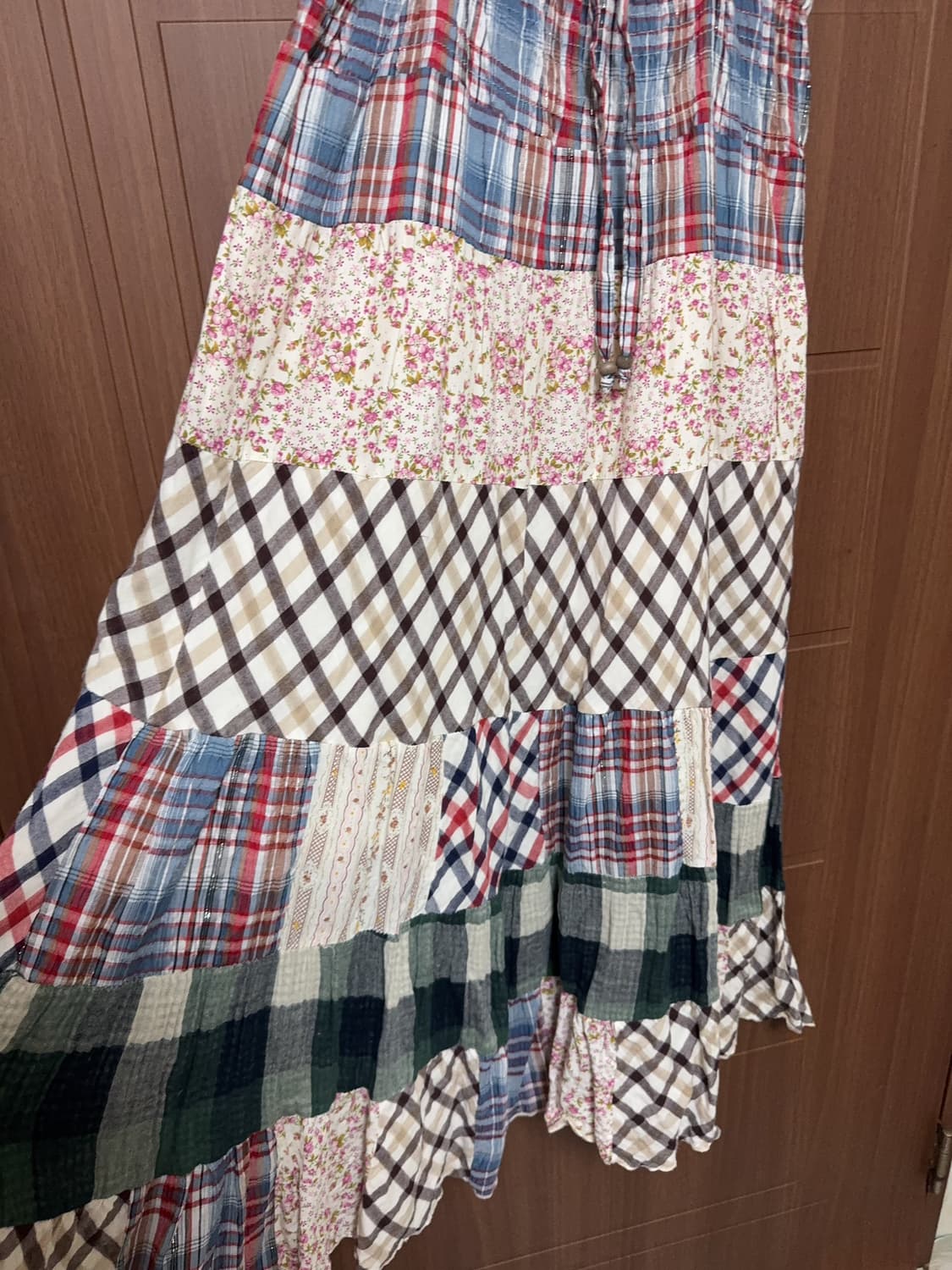 모리걸 하구미 히피 일본 빈티지 체크 패치워크 롱 스커트 원피스 상품이미지4