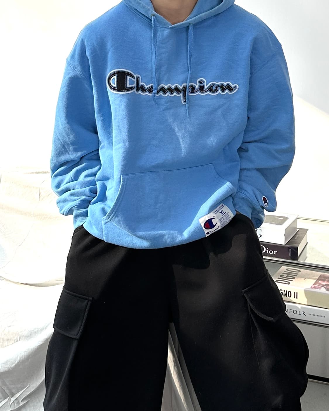 챔피온 블루 어센틱 빅로고 후드티 XL 상품이미지1