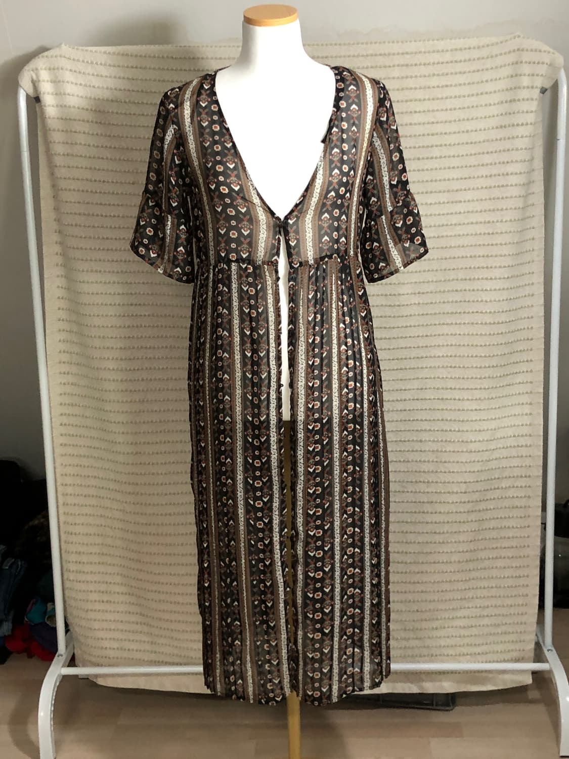 일본 빈티지 히피 보헤미안 블랙 플라워 패턴 쉬폰 원피스 로브 상품이미지1