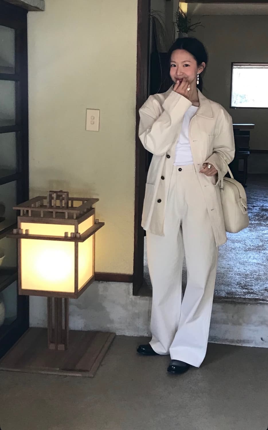 새상품)파르벵 farven 헤링본 워크 자켓+팬츠 M 세트 아이보리 상품이미지3