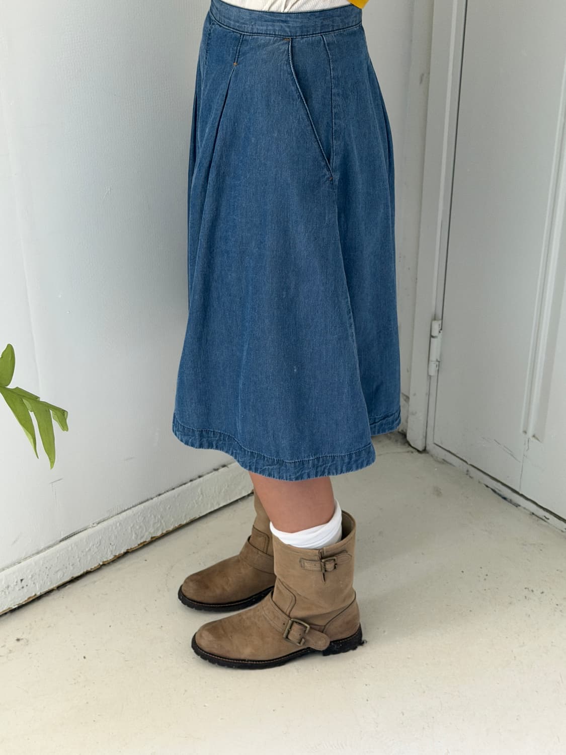 일본빈티지 데님 핀턱 미디스커트 상품이미지3