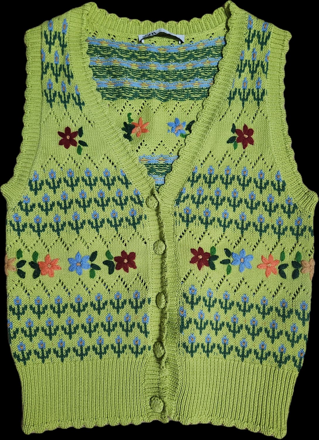 자라 라임색 자수 꽃무늬 니트 조끼 가디건 상품이미지1