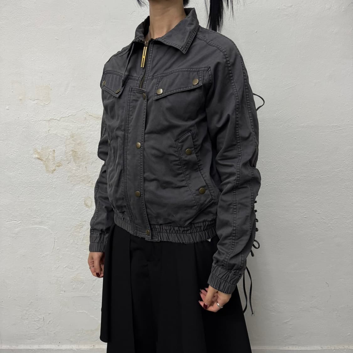 히스테릭글래머 차콜컬러 코튼 스트랩 아일렛 쇼트 밀리터리 자켓 상품이미지1