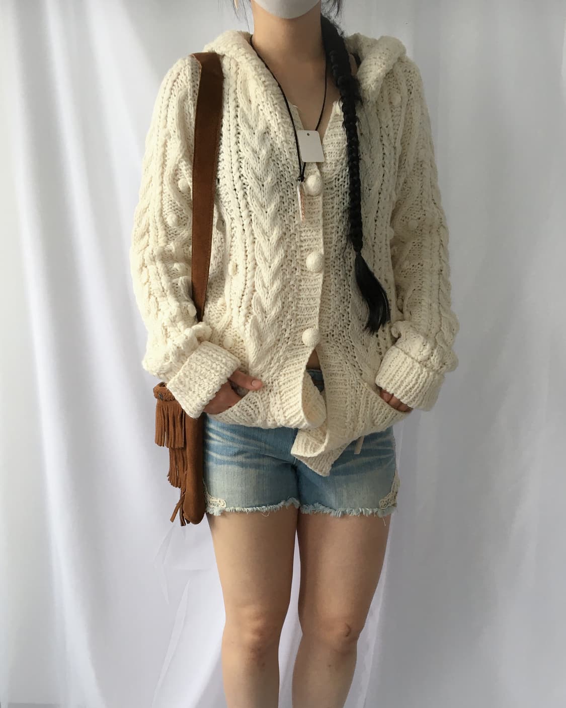 Pompom point knit hood cardigan 상품이미지8