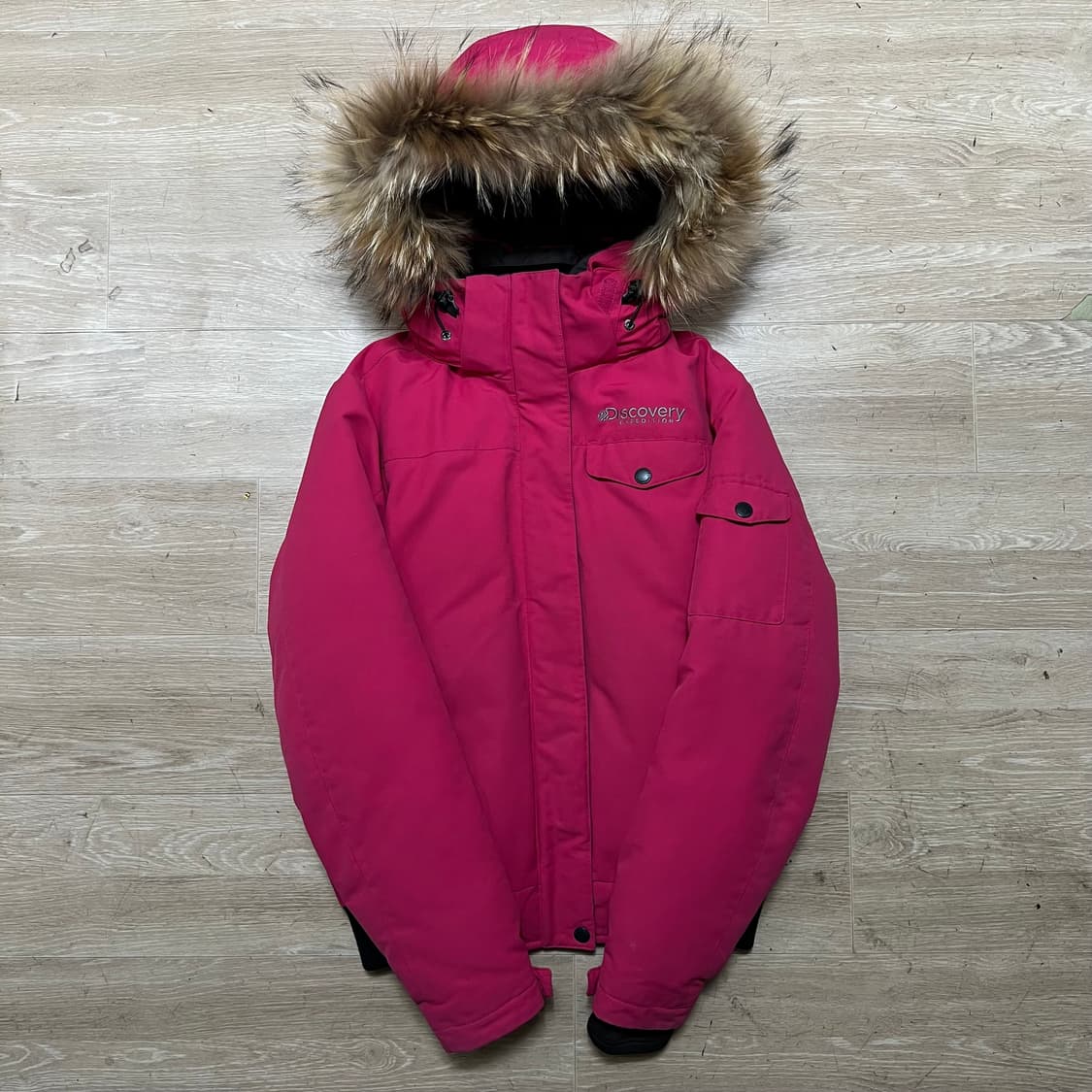 디스커버리 여성 구스다운 라쿤퍼 후드 숏패딩 점퍼 [핑크] S/90 상품이미지1