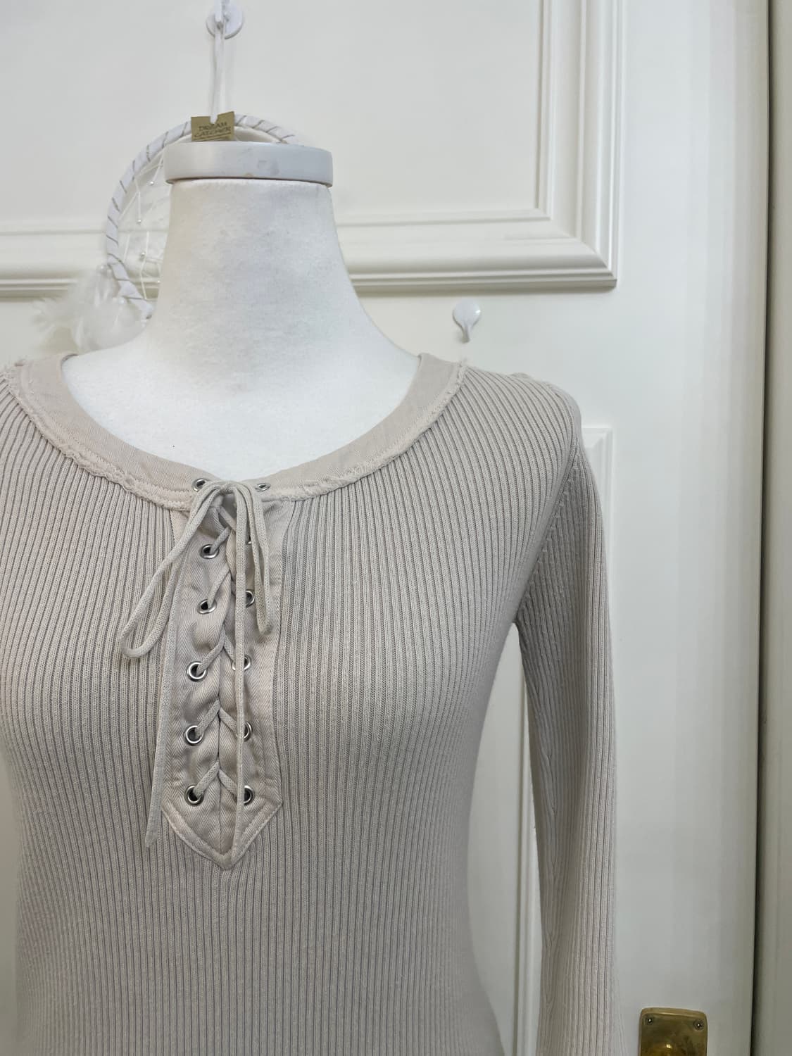 beige lace-up basic rib knit top(size-2) 상품이미지6