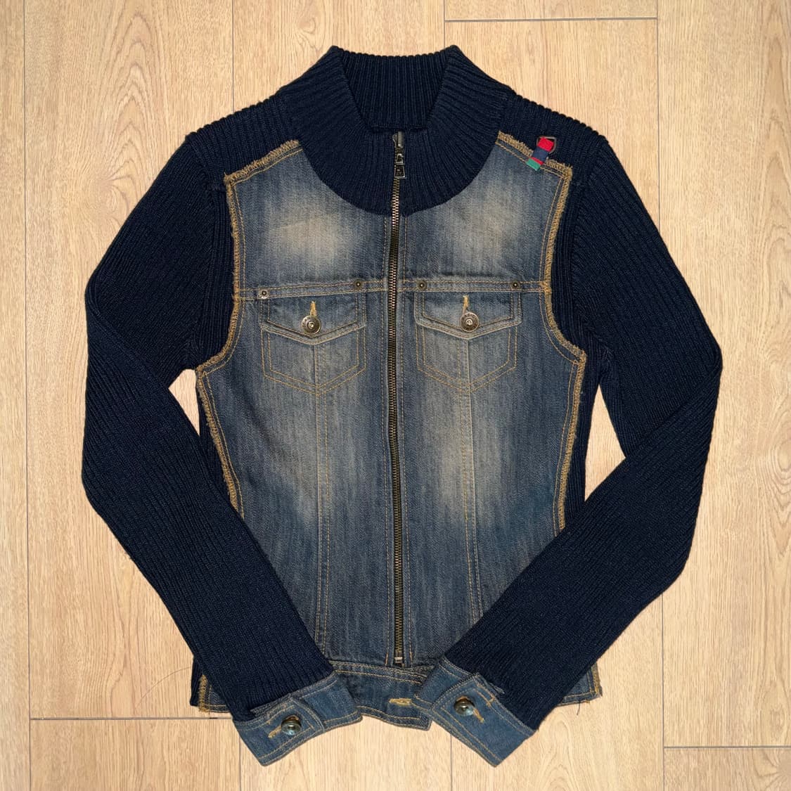 착샷ㅇ) 빈티지 데님 배색 니트 집업 상품이미지1