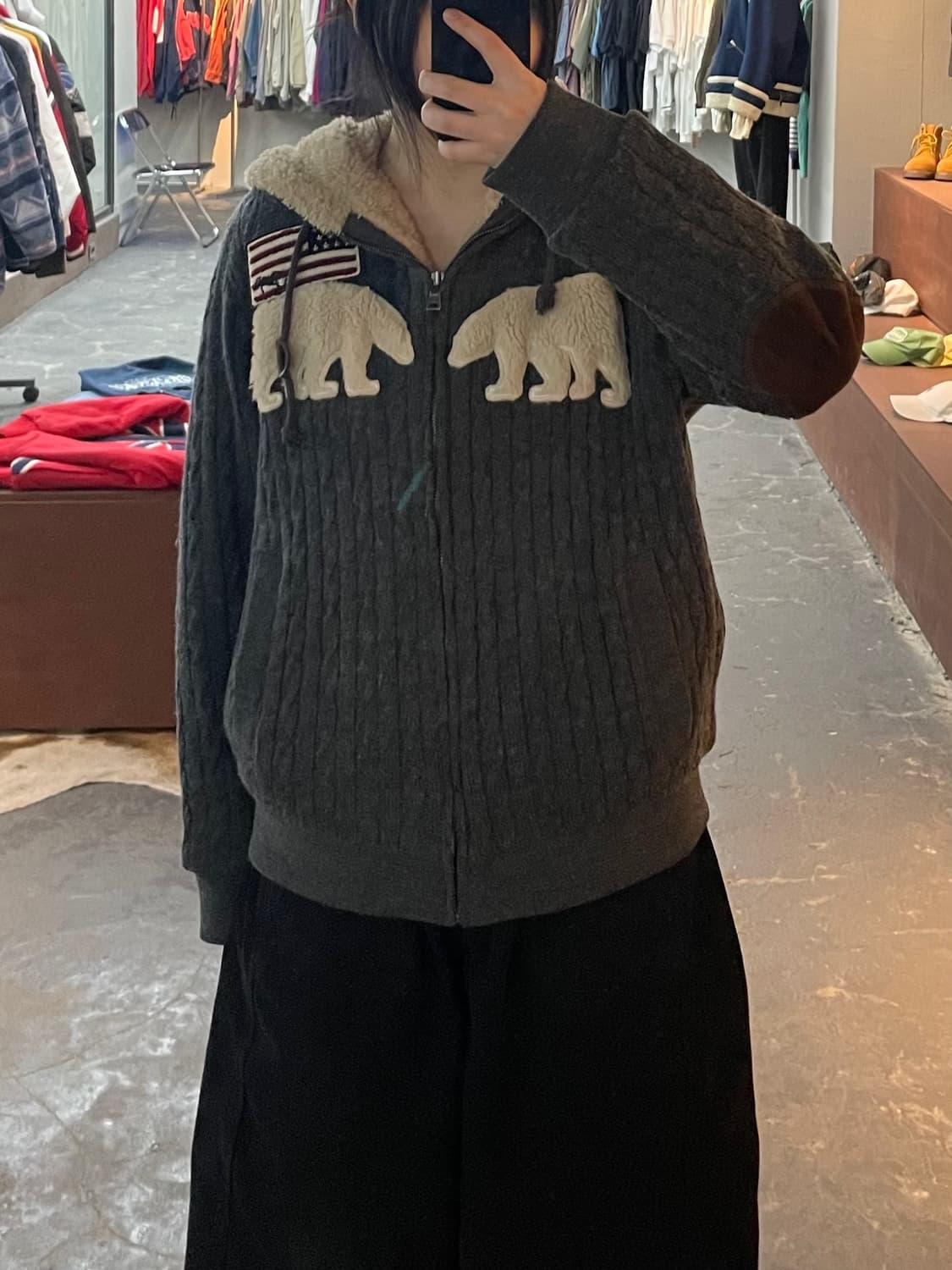 지프 곰패치 성조기 니트 후드집업 H2235 상품이미지1