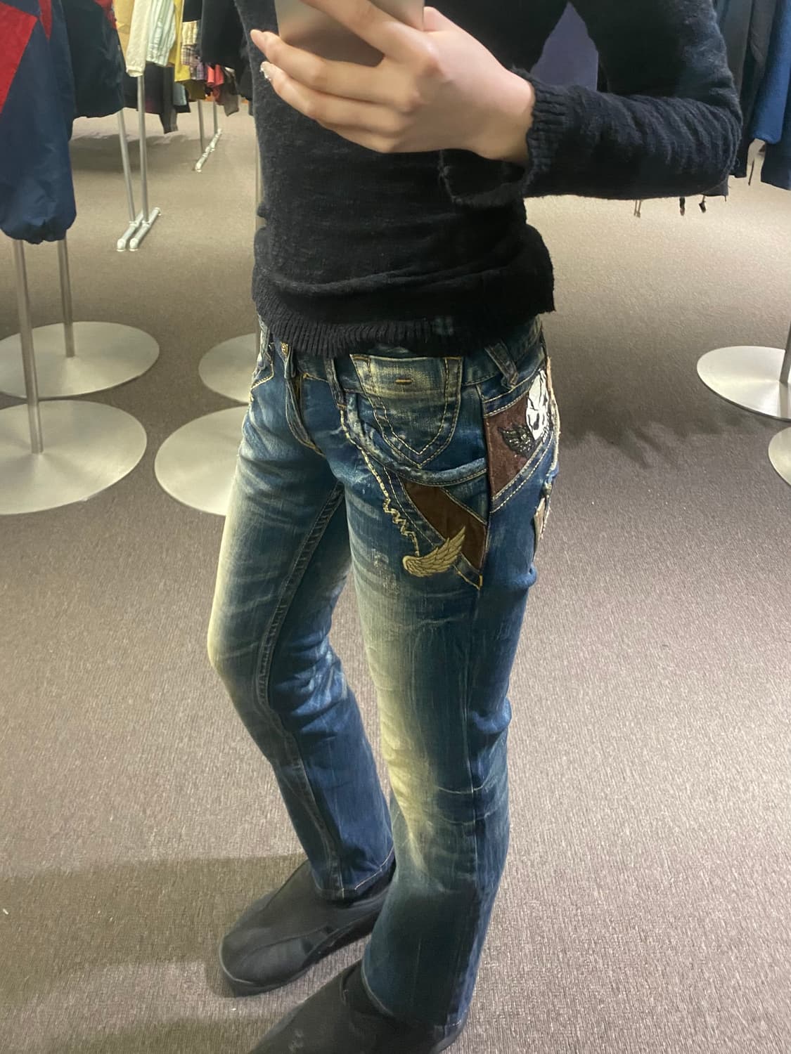 25)레드페퍼 빈티지 Y2K 스컬패치 자수 로우라이즈 데님팬츠 상품이미지1