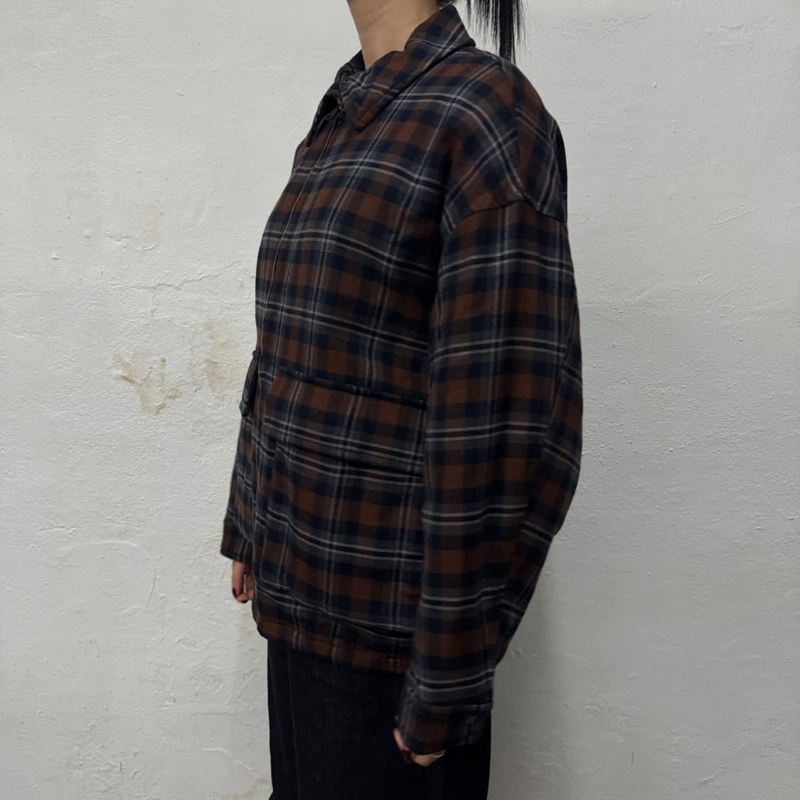 HARE 브라운컬러 체크 패턴 울 혼방 집업 블루종 자켓 상품이미지2