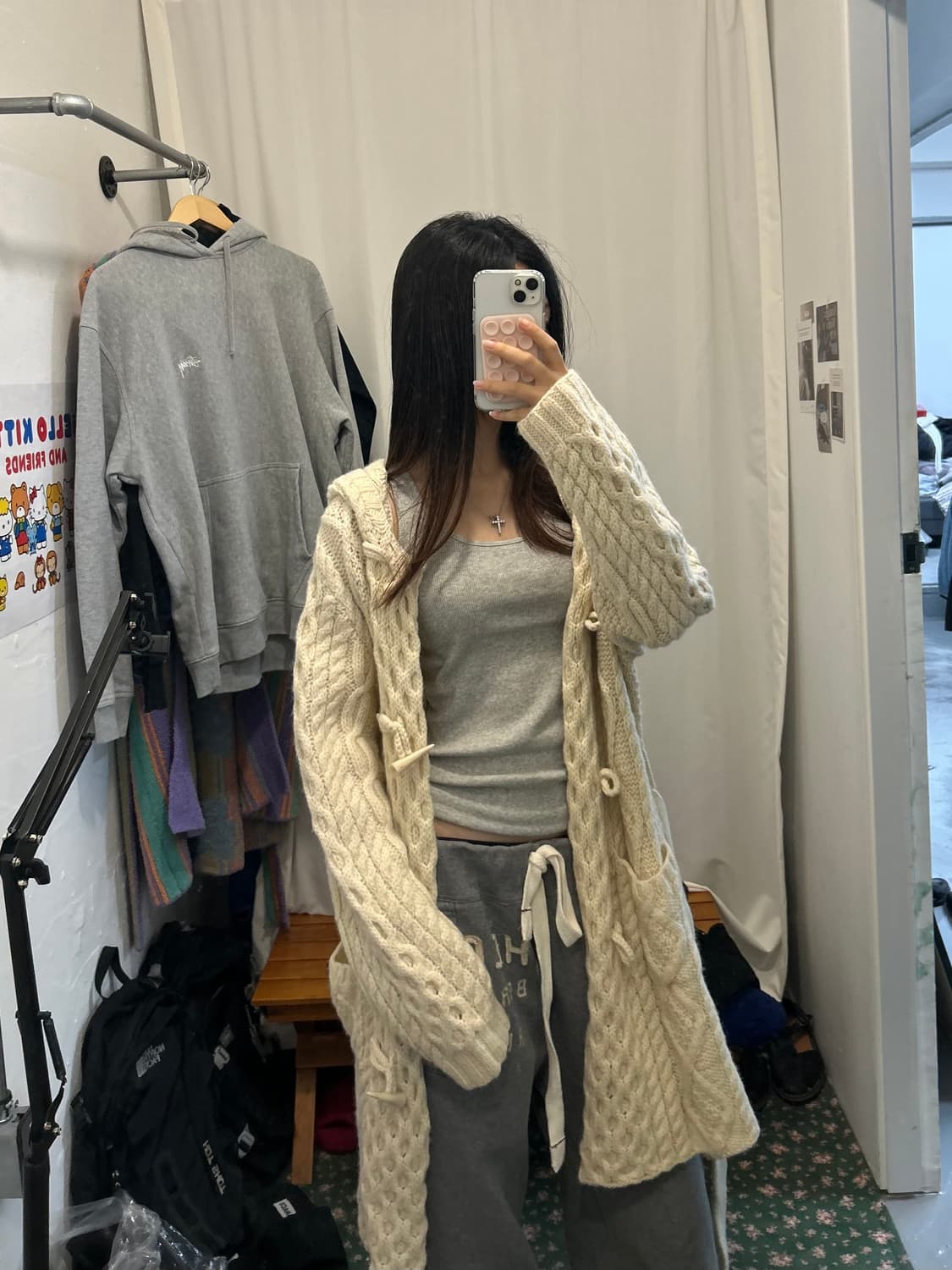 케이블 후드 니트 가디건 롱기장 상품이미지5