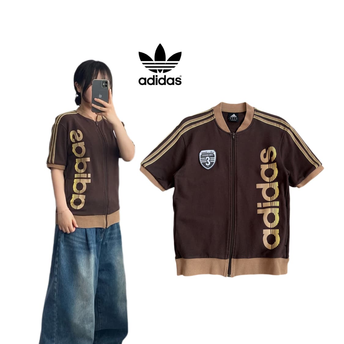 아디다스 제팬 Y2K 초코 브라운 삼선 반팔 집업 져지 상품이미지1