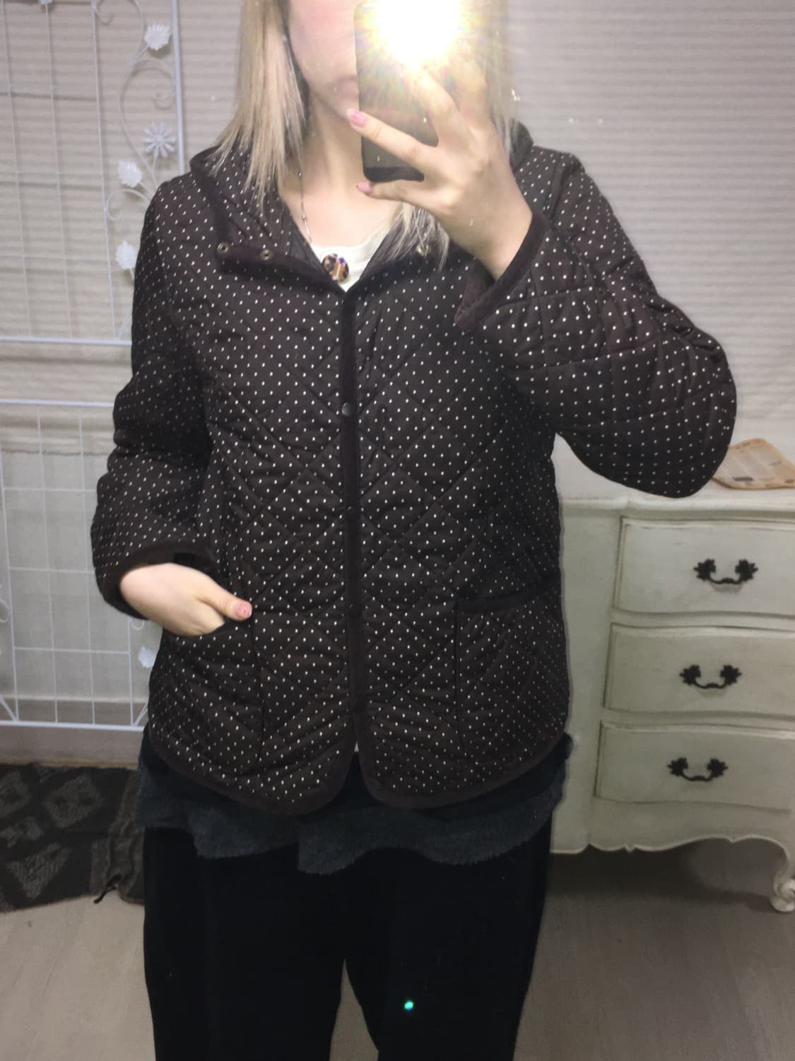 jpn vintage 브라운 도트 후드 포켓 경량 패딩  상품이미지1