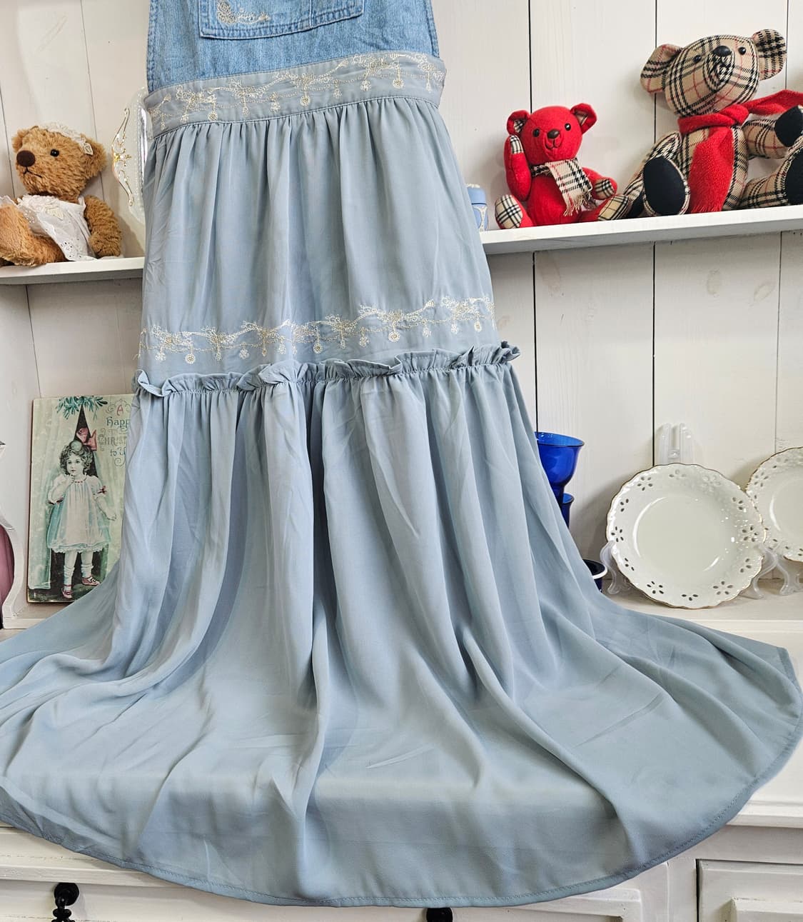 (Axes Femme) 하늘빛 데님 쉬폰 멜빵 롱원피스 상품이미지4