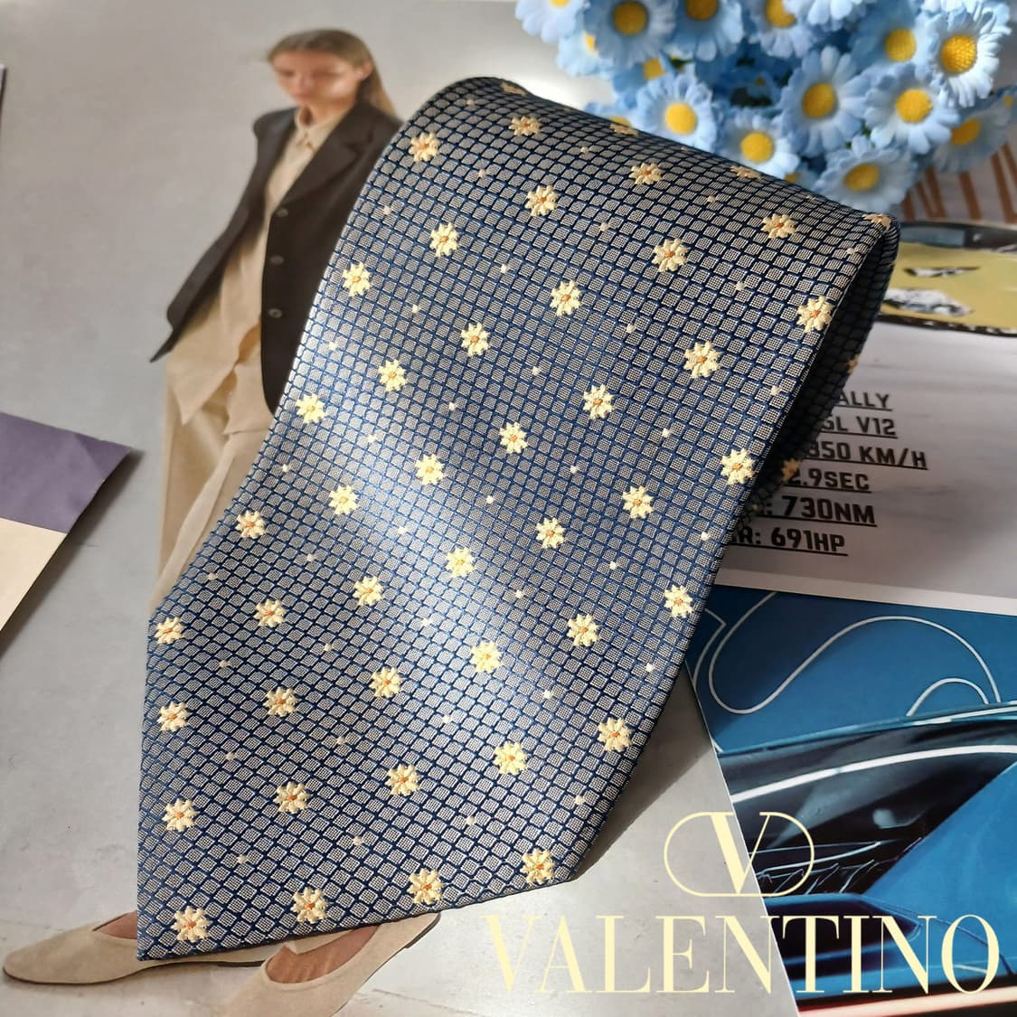 발렌티노 실크 네이비 플라워 패턴 넥타이 9.6cm A등급 A19841 상품이미지2